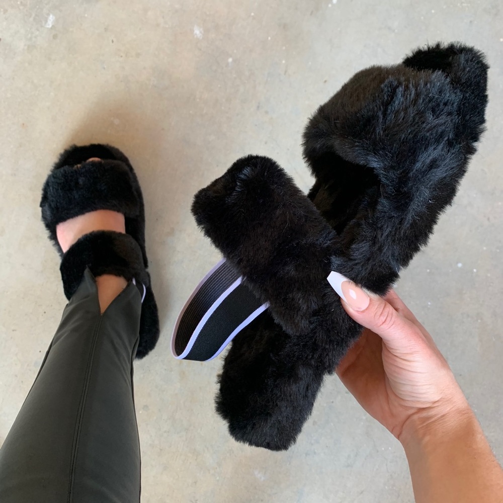 Black Furry Fuzzy Slippers/Slides Slingback Strap